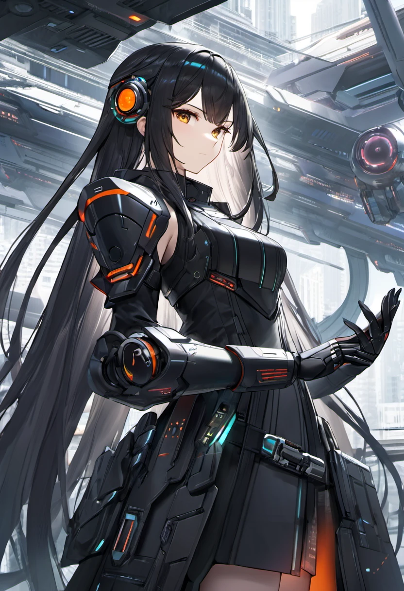 Girl in futuristic outfit, SF, Glowing gadgets, Utopian metropoliaid clothes, Sci-fi armor, Huge mechanical arm, black long hair, stylish clothes