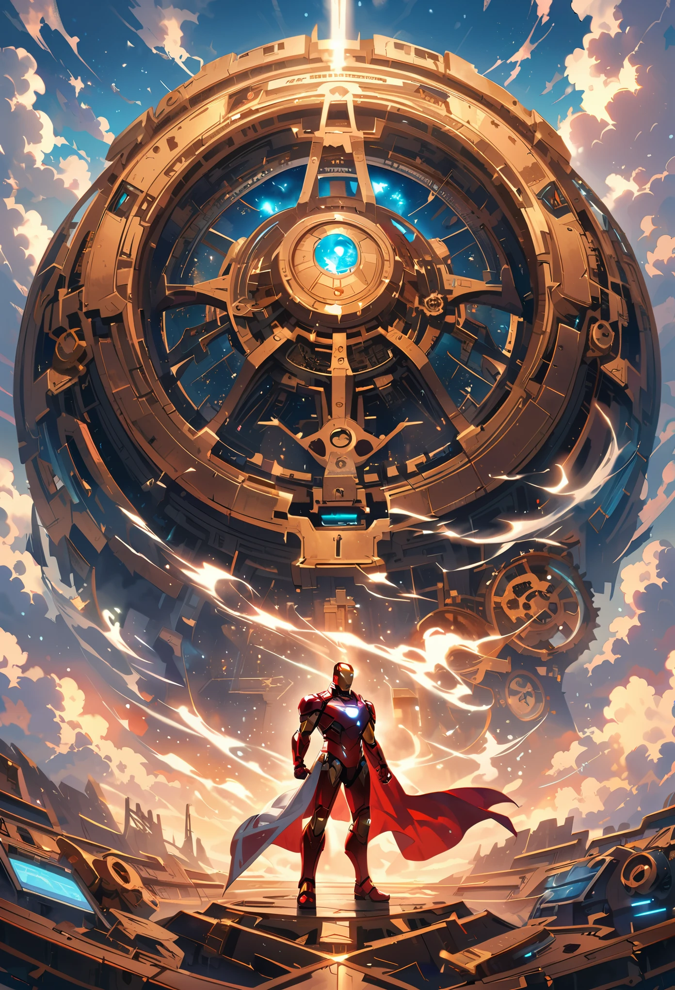 In the center of an ancient time machine, gears and cogs move as if alive; in front stands Iron Man with his arms raised to support it; behind him is space where Earth can be seen, with clouds and smoke around them; a fantastic atmosphere full of magic, fantasy and science fiction, high resolution, hyper realistic 