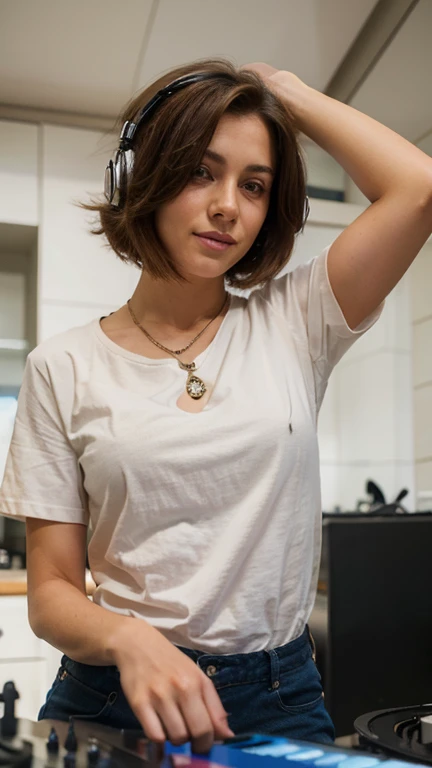 DJ feminino, longos cabelos brancos, camisa escrito A