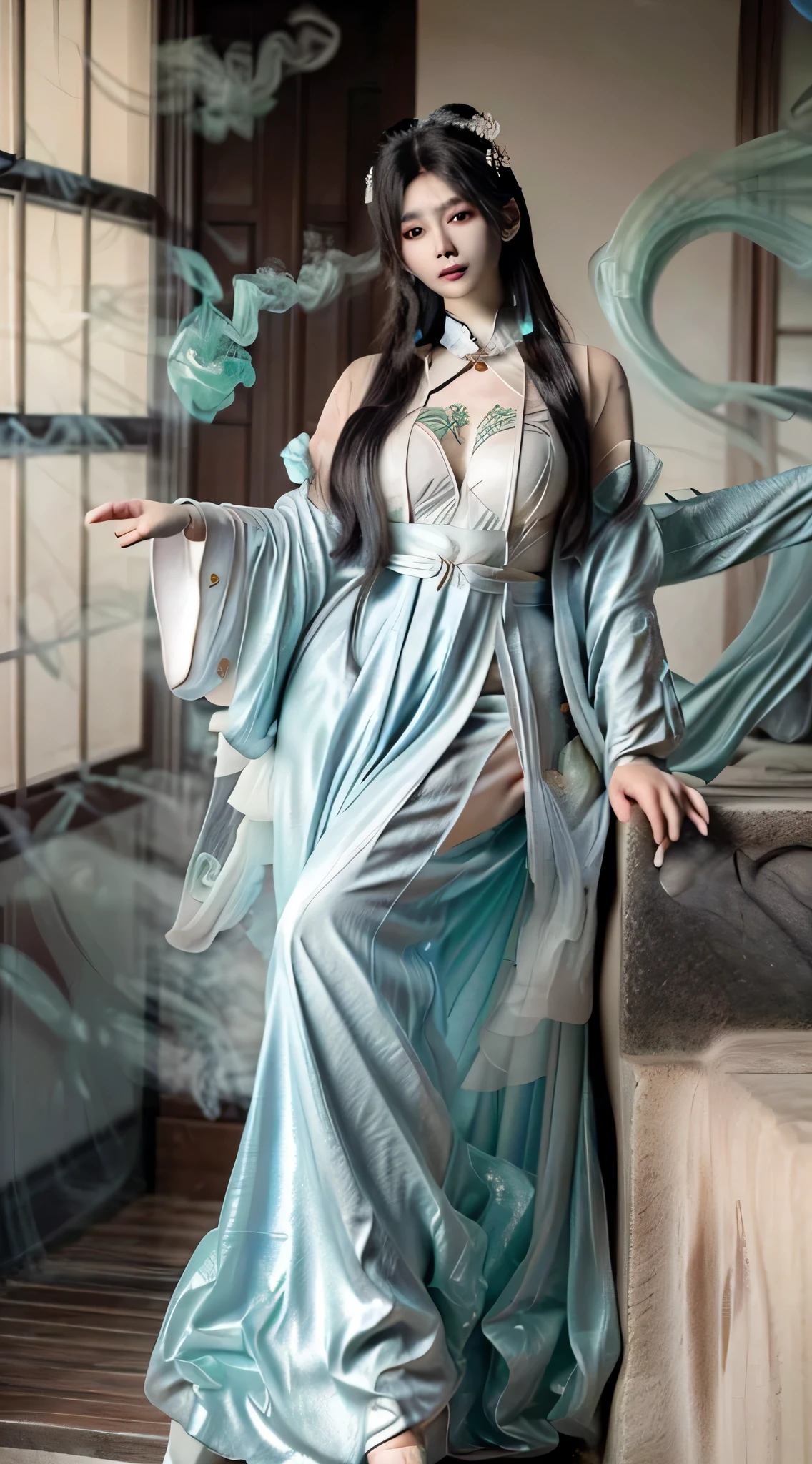 (Best quality,4K,8K,A high resolution,Masterpiece:1.2),Ultra-detailed,(Realistic,Photorealistic,photo-realistic:1.37),Gorgeous,Beautiful,Long golden hair, The goddess in a black and white dress sits on the steps, bathroom,Sexy girl,Illustration style:kim jung giu, Japanese goddess, Yoshigaki, Amazing goddess, ethereal figure, mesmerizing eyes, Beautiful white costume, Bright sunlight, gleaming silver, Yoshitomo Nara, Fuzzy green dragon-shaped smoke