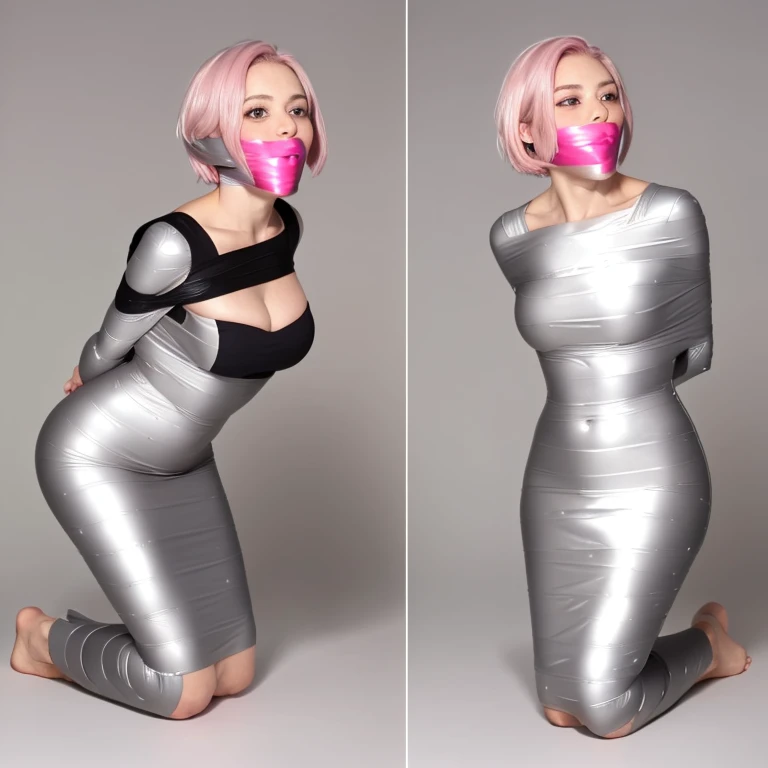 full body shot , girl, mummified, gagged, silver duct tape, , side pose bending over, arms behind back, light pink  hair, short hair, blushing, huge chest, slim, improvised gag, tape gag, gagged, duct tape, tape bondage