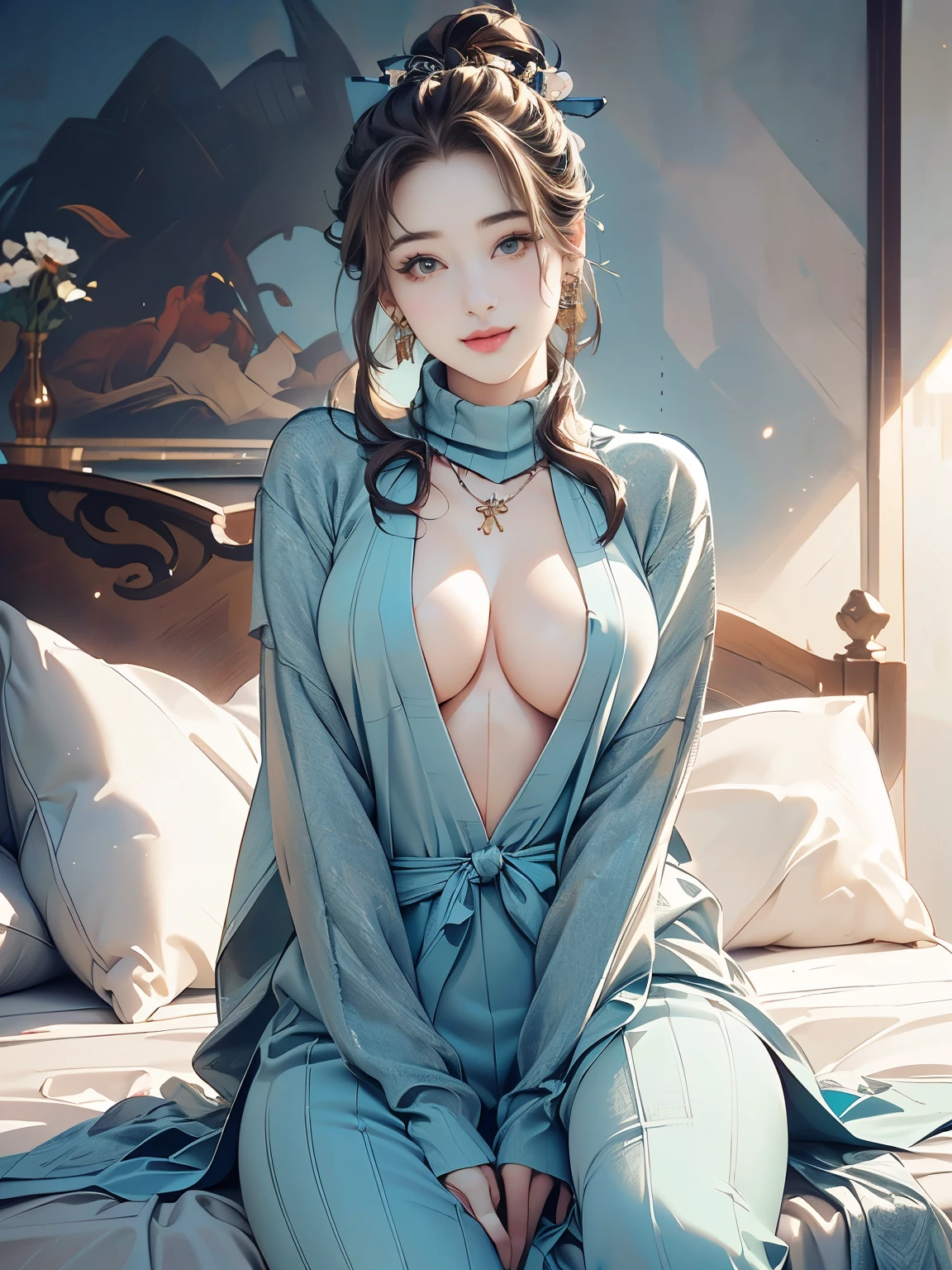 ((((highest quality))))、(((Ultra-precision CG16K wallpaper)))、(((masterpiece)))、(((Super detailed)))、(((super extreme details)))、((１people&#39;s women))、mature woman、24 year old woman、((Japanese face))、((very beautiful face))、((Mai Shiraishi:1.5))、((Straight twin tail hair:1.3、blunt bangs))、(shiny brown hair)、beautiful delicate eyes、((Big eyes with double eyelids))、brown eyes、raised eyebrows、high nose、small nostrils、small mouth、seductive lips、beautiful breasts、((C cup size breasts))、cleavage、plump body、(Chubby body type)、perfect proportions、perfect anatomy、perfect composition、beautiful detailed shading、beautiful natural lighting、beautiful detail glow、Depth of the bounds written、(((High chroma)))、(((real:1.9)))、((vivid:1.5))、((edge:1.6))、((beautiful skin))、((skin texture))、((realな皮膚感))、(((cowboy shot:1.6)))、((Angle seen from the front:1.6))、((shy smile:1.5))、(Eyes looking at me:1.5)、Daytime bedroom、bright sunshine、Natural light、(((sit on the bed:1.8)))、(sitting pose:1.5)、(((Virgin Killer Sweater_light blue color clothing:1.6)))、((earrings、wearing necklace:1.3))、