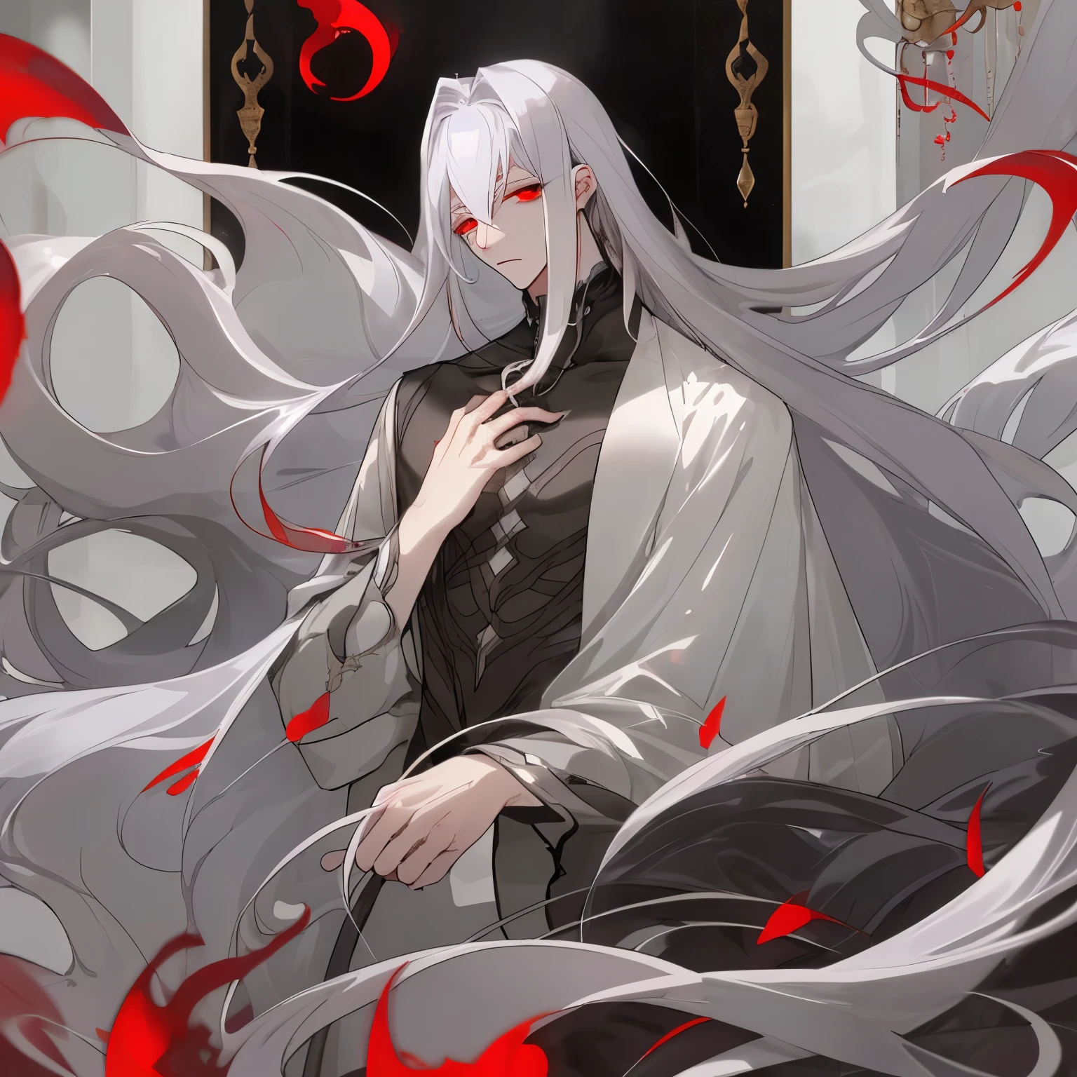 A man with long white hair hovering over two black and white snakes.