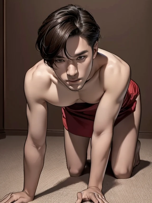 alone, male focus, (masterpiece, super high quality, High resolution, 8K, Complex: 1.2), (detailed face:1.2), good looking, korean young man , , fine skin, 1 boy, ((realistic)), (crawl on all fours, kneel down),Topless