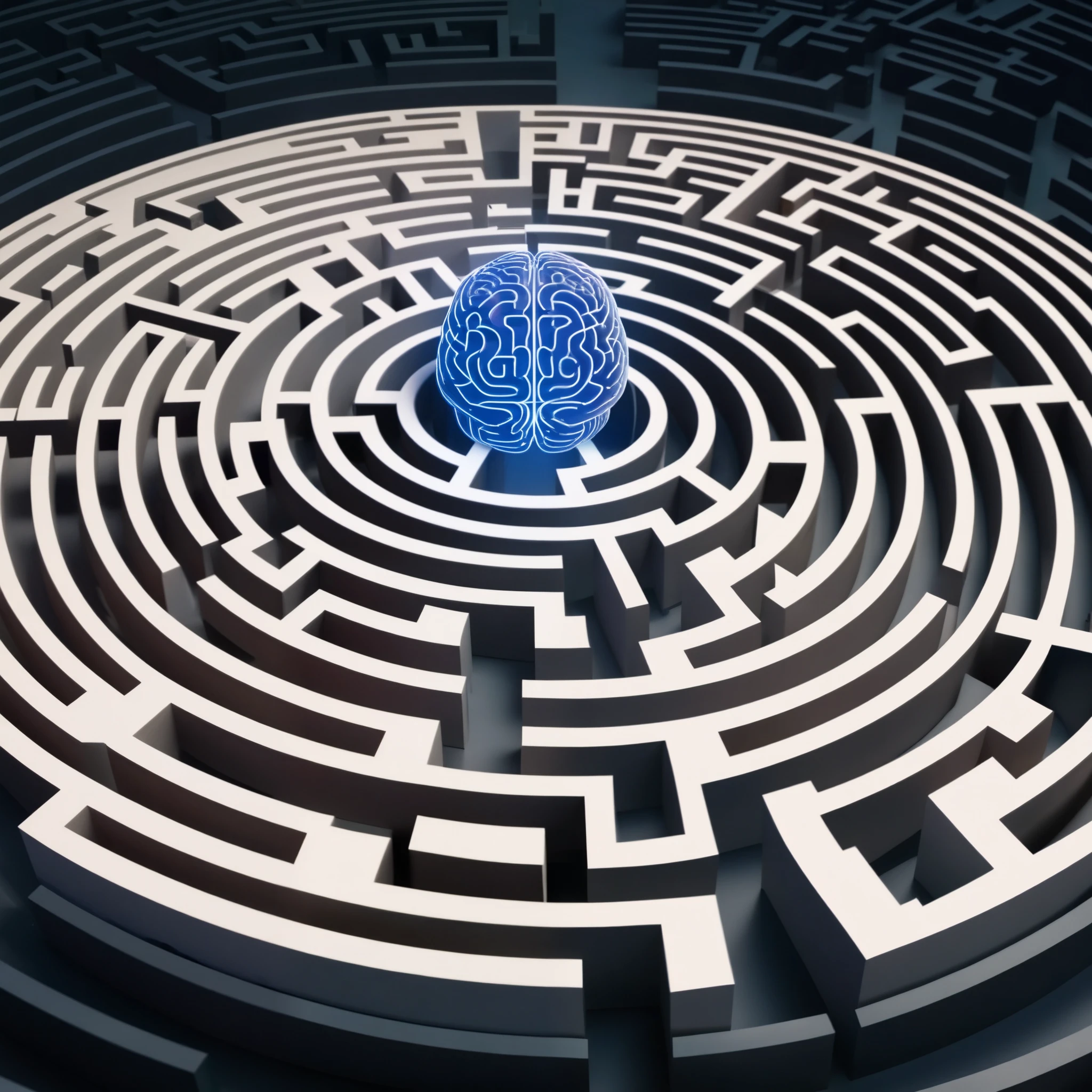 (Sharp, detailed image) a circular maze with a brain in the middle, illuminated path to the brain, Kodak Motion Picture Film Style