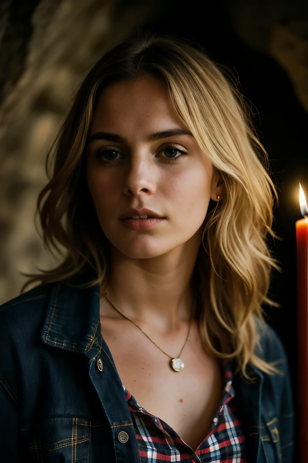 photograph of a woman, (worried expression), Textured leather, goosebumps, blonde with afro hair, plaid flannel shirt with distressed boyfriend jeans, cowboy shot, a dark and mysterious cave with unique rock formations and hidden wonders, Perfect eyes, (by candlelight,chiaroscuro), Holder for 160 flowers, filmed on ARRI ALEXA 65, Boke, sharp focus on the subject, shot by Don McCullin