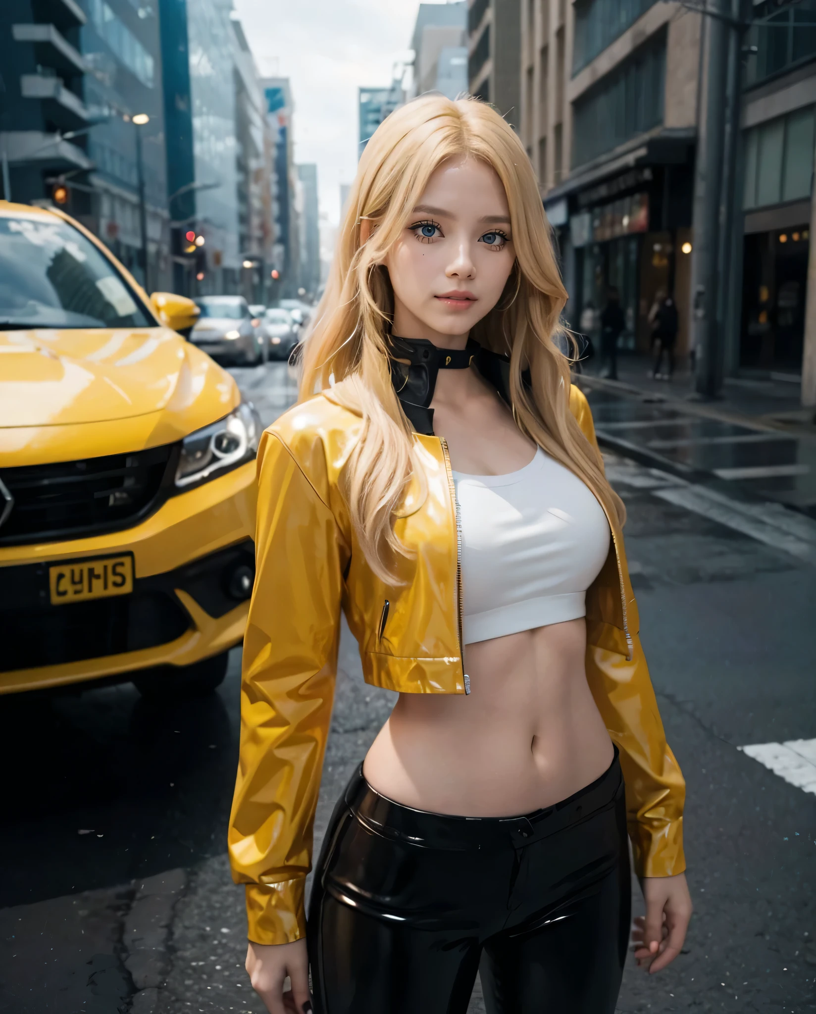 1 chica, (Blue eyes), (sonrisa), (Sana Minatozaki), (Caderas anchas), grande , gran culo, (Mejor calidad, 8K, obra maestra: 1.3), manos perfectas, Enfoque claro: 1.2, Belleza del cuerpo perfecto: 1.4, Abdominales delgados: 1.2, Textura de cara y piel muy detallada., ojos detallados, double eyelids, (pelo largo rubio), (chaqueta amarilla :1.3), (camiseta negra), (black latex pants), de pie, dynamic pose, vista desde el frente, en una ciudad futurista, ciberpunk, Ciudad del futuro, edificios futuristas en el fondo