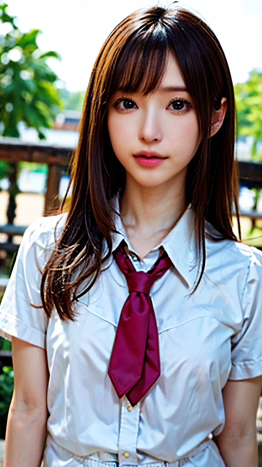 best quality, masterpiece, Surrealism, super detail, UHD,ultra high res,realistic,RAW photo, (photorealistic:1.4), shot by DSLR,sharp focus, depth of field, cinematic lighting, soft light, 1girl, the, looking at viewer,upper body, (school uniform)