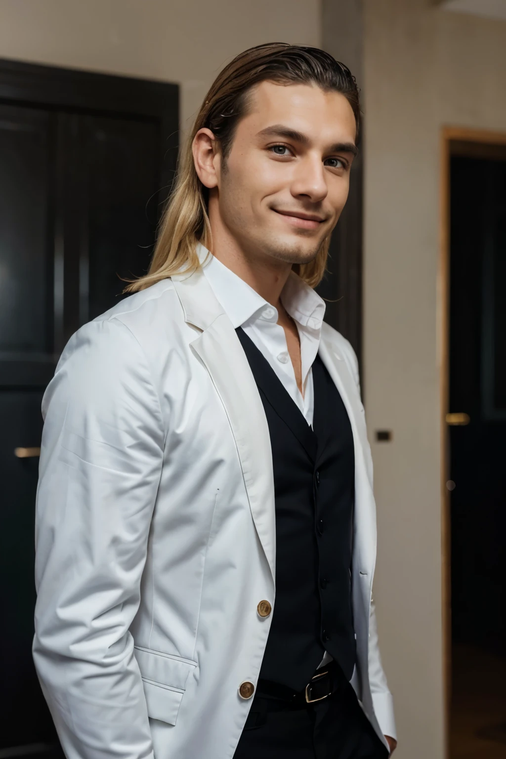 Crie uma foto de perfil de Giovanni Krause Bianchi para uso em redes sociais. Na foto, he is standing in profile, with the face turned slightly towards the camera. Giovanni is smiling naturally and warmly, conveying sympathy and trust. Her blonde hair is impeccably styled, and he's wearing a white dress shirt, com um blazer preto por cima. The background of the photo is blurred, destacando ainda mais o rosto de Giovanni. The image must have a resolution of at least 500x500 pixels