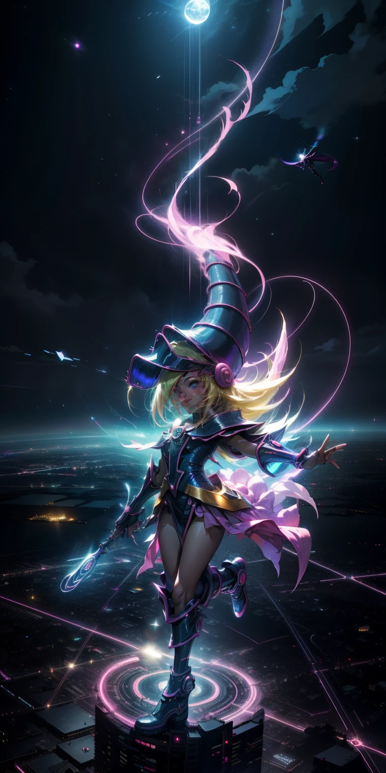 Mujer preciosa dark magician girl ( neon cyberpunk ), The neon sings, neon lighting, RTX chica maga oscura iluminando volando en el aire. Encima de la ciudad a media noches. Luna llena. Cielos de estrellas. Mago oscuro volando