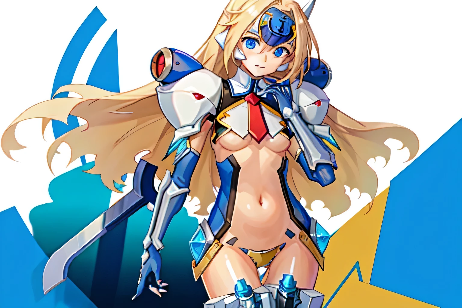 (((masterpiece, extremely detailed drawing, official art, promotional art, esthetic background, highres))) , solo, mu-12, blue eyes, blonde hair, long hair, medium breasts, forehead protector, elbow gloves, robot ears, shoulder pads, mecha musume, arm blade, mechanical wings, navel, groin, detailed drawing, detailed hand, detailed finger, detailed face, detailed eyes, smiling at viewer, white background, (mechanical legs:0.9)