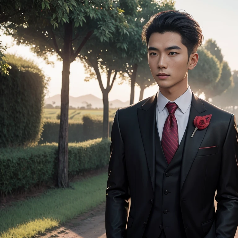30-year-old Chinese male model,short detailed hair,Frontal photo,Wear handsome clothes,In a clean and nice park,looks into camera。