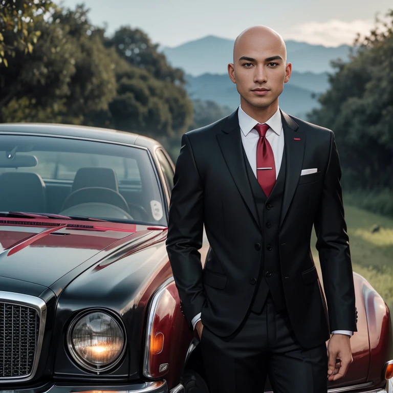 Araaf, 25 years old, bald, wearing a suit. Expensive, shiny leather, brightly colored, fashionable, wearing a red tie, standing next to a Bentley State Limousine.)A shiny reddish purple. At night, colorful glittering lights Action in various poses;) Outdoors, in the countryside in the rice fields, there are shabby huts thatched with vetiver grass. The sunlight shone brightly, his face clearly looking straight at him intently. , man in black, wearing a black suitและสีแดง, Wear a business suitที่เข้มงวด, wearing a black suit, Wear a business suit, wearing a black suit, Wear a business suit, Wear a business suitสีดำ, in strict clothing, Professional photos with good lighting, Handsome Chad Chin, A great and beautiful portrait. Shot with a high quality Fuji 45 camera.,000,000 realistic pixels Beautiful exaggerated colors