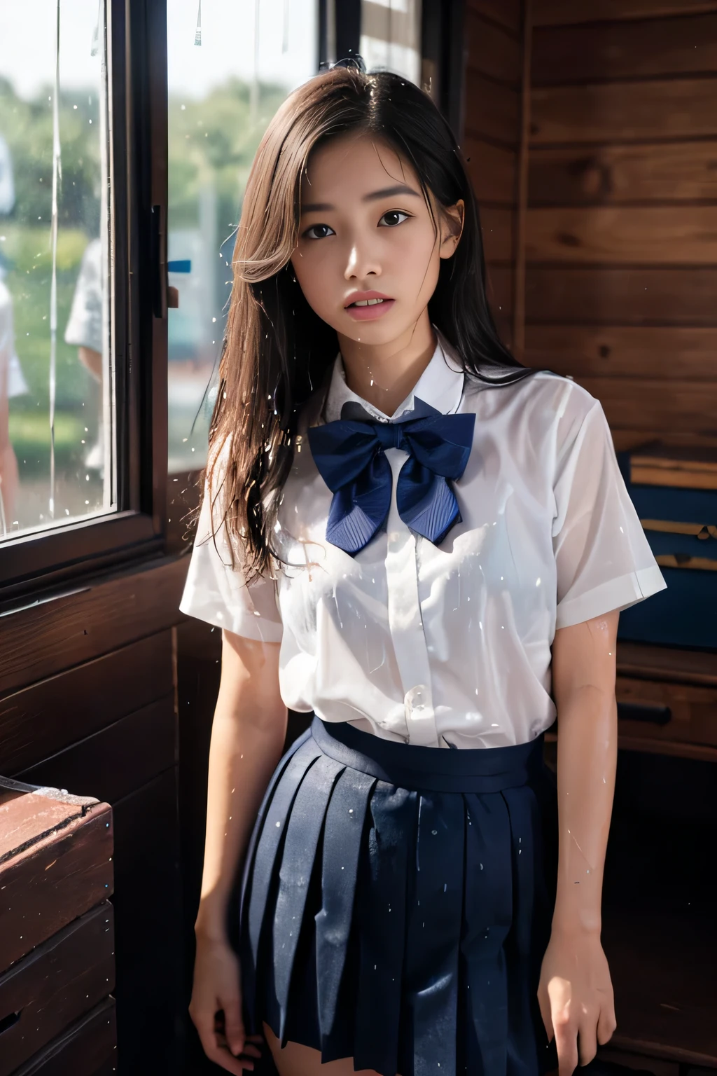 Highly detailed CG Unity 8K wallpaper、highest quality、super detailed、masterpiece、realistic、Photoreal、Highly detailed cute girl、16 years old、(High school students wearing Japanese uniforms)、((Shooting from the front:1.4))、((Dark blue school girl bow tie:1.4))、((Sitting on a wooden chest:1.4))、blush、split lips、looking at the viewer、semi body shot、(A room in a love hotel)、(Japan High and designated shoes)、(navy blue short pleated skirt,:1.5)、(Short-sleeved white shirt for students)、 (dark blue bow tie:1.2)、(Light brown long hair)、(beautiful face:1.3)、(perfect proportions:1.2)、(long legs:1.2)、(small breasts:1.3)、((Blouse wet in the rain、The brush is see-through))、(Bra is transparent)、(((wet hair、wet skin)))、((Upper body))、reality:1.7、((rain outside the window:1.4))、((I'm crying:1.4))、