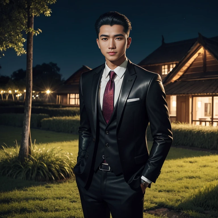 Araaf, 25 years old, bald, wearing a suit. Expensive, shiny leather, brightly colored, fashionable, wearing a red tie, standing next to a Bentley State Limousine.)A shiny reddish purple. At night, colorful glittering lights Action in various poses;) Outdoors, in the countryside in the rice fields, there are shabby huts thatched with vetiver grass. The sunlight shone brightly, his face clearly looking straight at him intently. , man in black, wearing a black suitและสีแดง, Wear a business suitที่เข้มงวด, wearing a black suit, Wear a business suit, wearing a black suit, Wear a business suit, Wear a business suitสีดำ, in strict clothing, Professional photos with good lighting, Handsome Chad Chin, A great and beautiful portrait. Shot with a high quality Fuji 45 camera.,000,000 realistic pixels Beautiful exaggerated colors