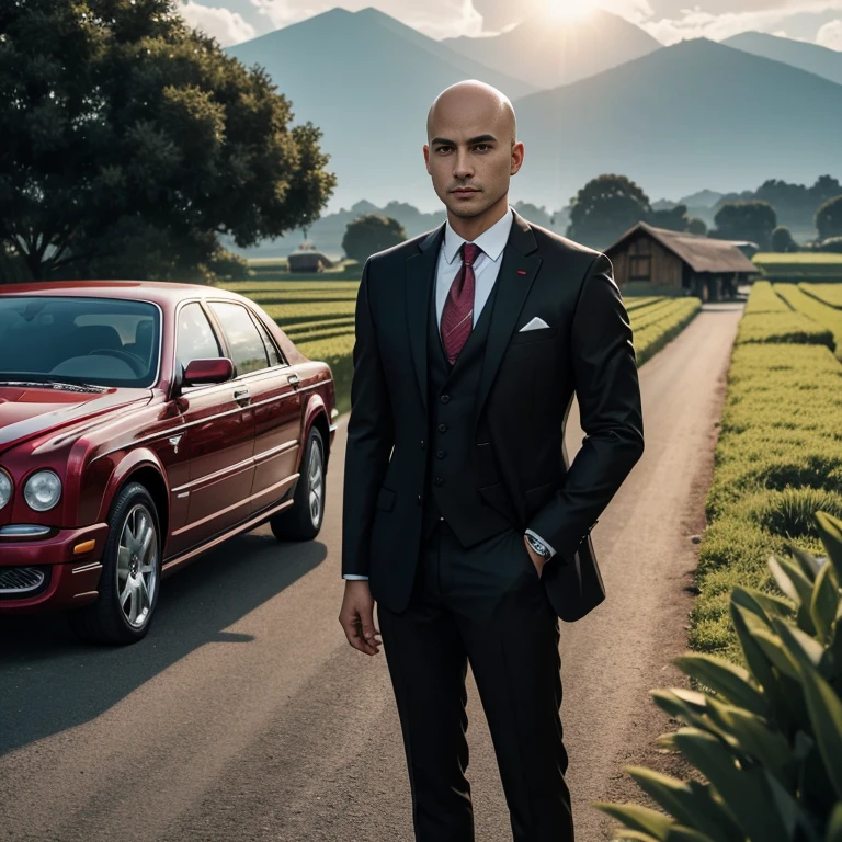 Araaf, 25 years old, bald, wearing a suit. Expensive, shiny leather, brightly colored, fashionable, wearing a red tie, standing next to a Bentley State Limousine.)A shiny reddish purple. At night, colorful glittering lights Action in various poses;) Outdoors, in the countryside in the rice fields, there are shabby huts thatched with vetiver grass. The sunlight shone brightly, his face clearly looking straight at him intently. , man in black, wearing a black suitและสีแดง, Wear a business suitที่เข้มงวด, wearing a black suit, Wear a business suit, wearing a black suit, Wear a business suit, Wear a business suitสีดำ, in strict clothing, Professional photos with good lighting, Handsome Chad Chin, A great and beautiful portrait. Shot with a high quality Fuji 45 camera.,000,000 realistic pixels Beautiful exaggerated colors