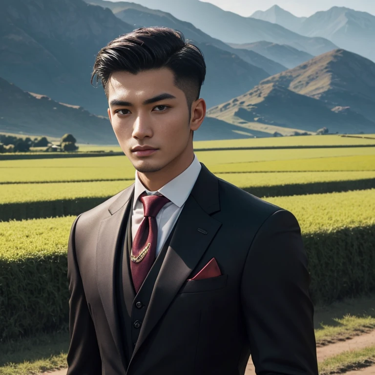 Araaf, 25 years old, bald, wearing a suit. Expensive, shiny leather, brightly colored, fashionable, wearing a red tie, standing next to a Bentley State Limousine.)A shiny reddish purple. At night, colorful glittering lights Action in various poses;) Outdoors, in the countryside in the rice fields, there are shabby huts thatched with vetiver grass. The sunlight shone brightly, his face clearly looking straight at him intently. , man in black, wearing a black suitและสีแดง, Wear a business suitที่เข้มงวด, wearing a black suit, Wear a business suit, wearing a black suit, Wear a business suit, Wear a business suitสีดำ, in strict clothing, Professional photos with good lighting, Handsome Chad Chin, A great and beautiful portrait. Shot with a high quality Fuji 45 camera.,000,000 realistic pixels Beautiful exaggerated colors