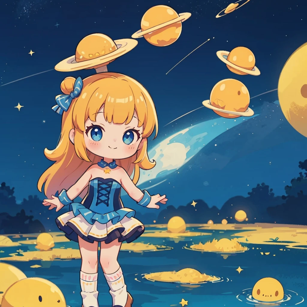 (best quality:1.2), Cowboy shot, Alone, 1 girl, Cheryl Nome, Smiling, Closed mouth, Looking at the viewer, Strapless dress, Corset, Layered skirt, Knee-high socks, Bare shoulders, Outer space, Stars (sky)