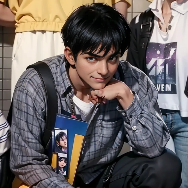 Uncle, realistic, black hair, The crew cut their hair, alone, stare into the distance, facing the right direction, Light purple clothes, flannel shirt, white t-shirt inside, Shoulder bag, (evil smile), Place your elbows on your knees, one knee, put your hand on your chin, black skin_male,
