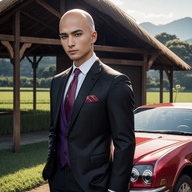 Araaf, 25 years old, bald, wearing a suit. Expensive, shiny leather, brightly colored, fashionable, wearing a red tie, standing next to a Bentley State Limousine.)A shiny reddish purple. At night, colorful glittering lights Action in various poses;) Outdoors, in the countryside in the rice fields, there are shabby huts thatched with vetiver grass. The sunlight shone brightly, his face clearly looking straight at him intently. , man in black, wearing a black suitและสีแดง, Wear a business suitที่เข้มงวด, wearing a black suit, Wear a business suit, wearing a black suit, Wear a business suit, Wear a business suitสีดำ, in strict clothing, Professional photos with good lighting, Handsome Chad Chin, A great and beautiful portrait. Shot with a high quality Fuji 45 camera.,000,000 realistic pixels Beautiful exaggerated colors