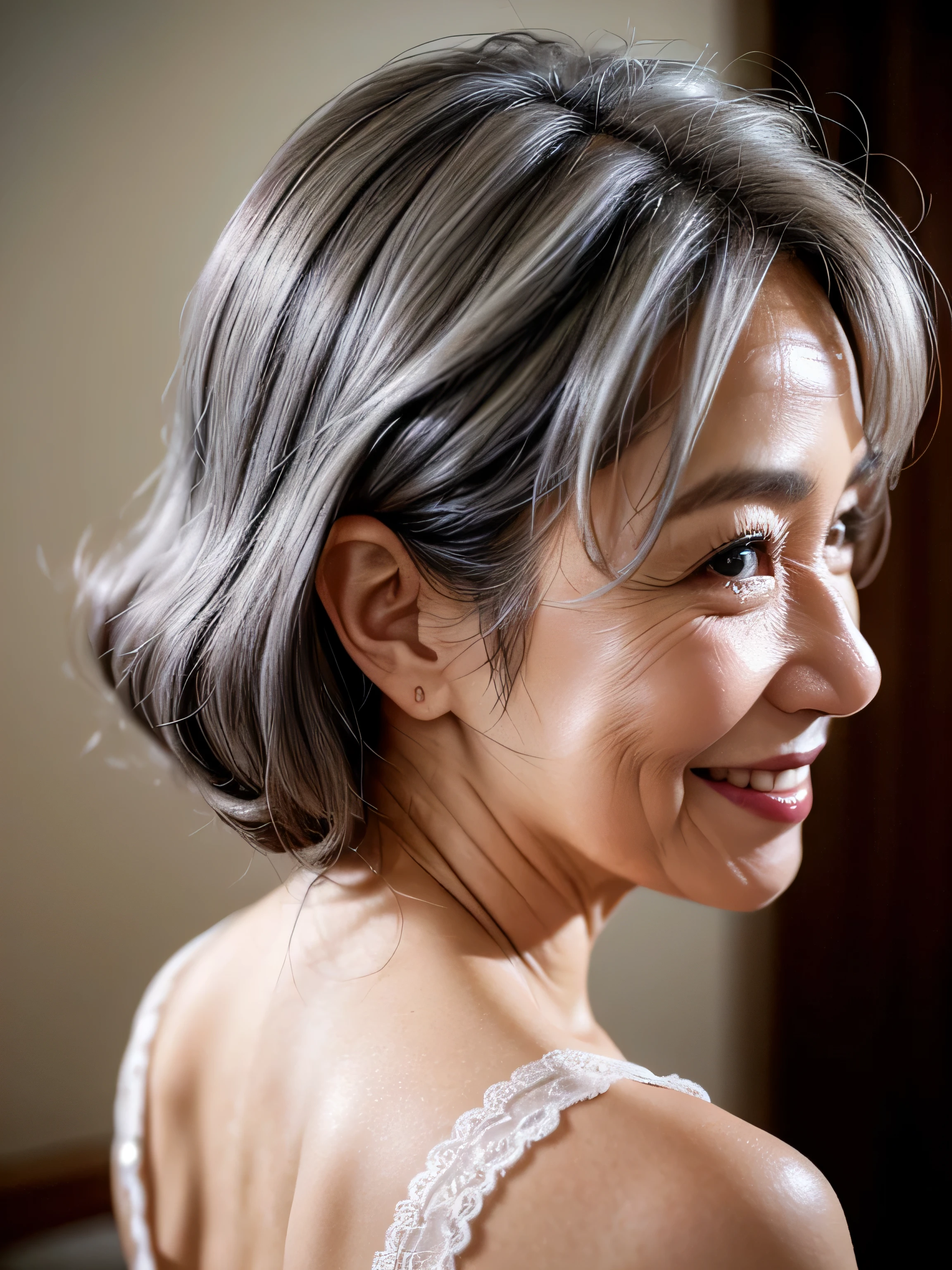 65 years old,gray hair,(there are many wrinkles on her face:1.2),old woman,lingerie,smile,back view, posing
