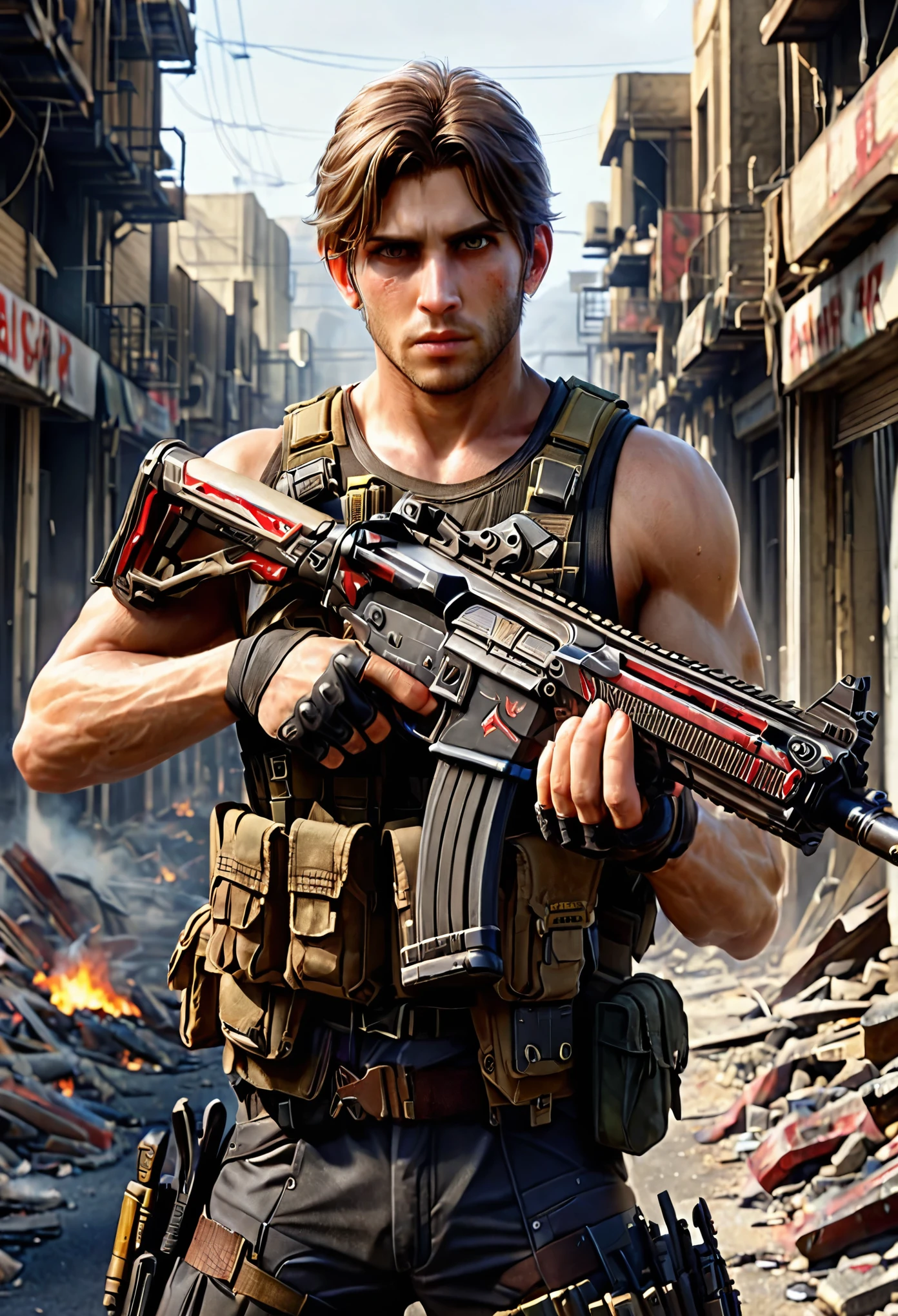 mercenary, male focus, holding an assault rifle, brown hair, short hair, wavy hair, hazel eyes, load-bearing vest, ammunition belt, danger atmosphere, los angeles street backdrop, war zone