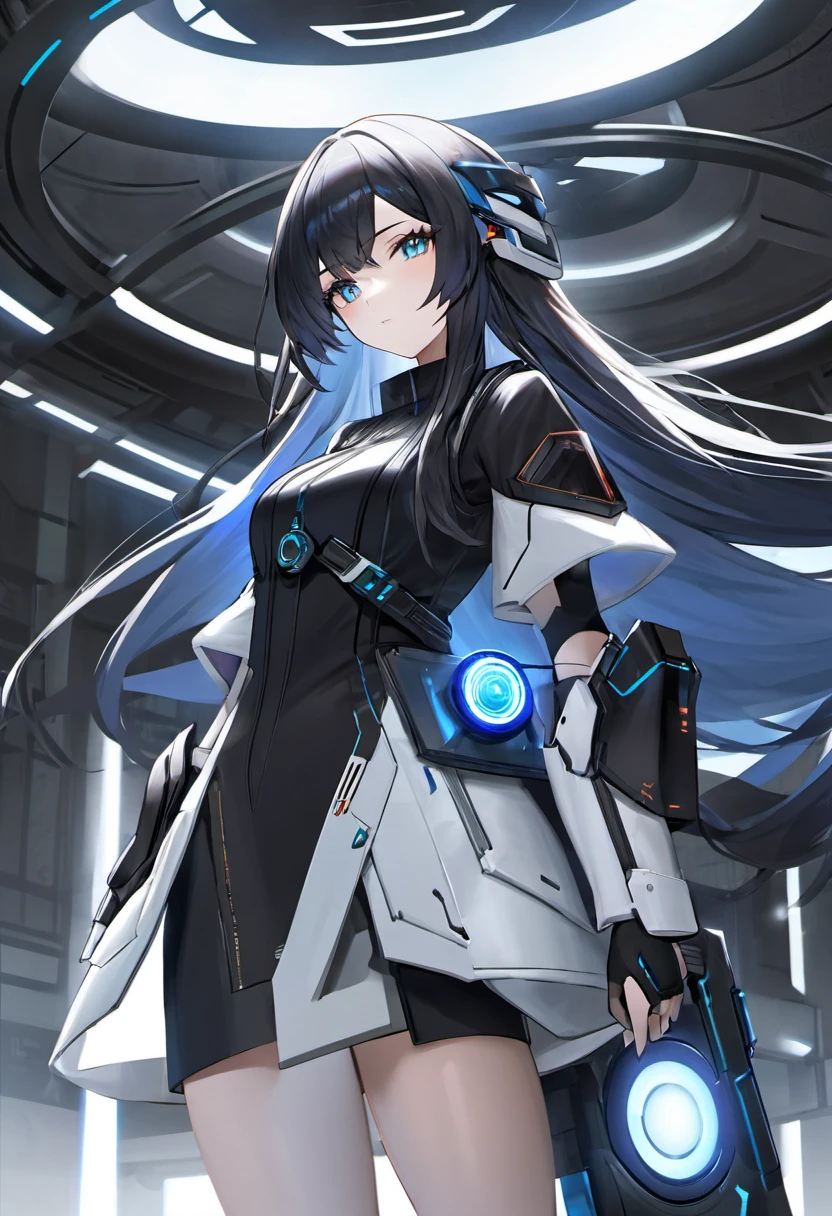 Baddie Girl in futuristic outfit, SF, Glowing gadgets, Utopian metropoliaid clothes, Sci-fi white and blue, black long hair, stylish clothes, realistic body 