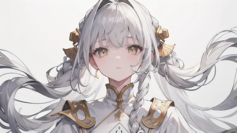 highest quality, masterpiece,gray hair, gold eyes,white clothes, look up, Upper body,hair bundle,Fair skin,side braids