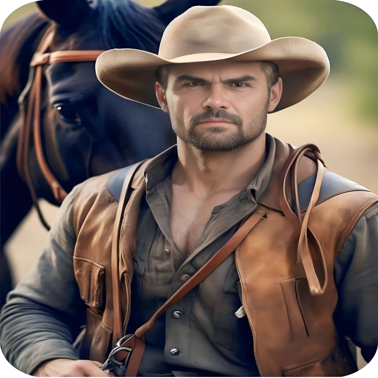 there is a man in a vaqueiro hat and vest with a horse, portrait of a guarda florestal robusto, portrait of ranger masculino robusto, ranger masculino robusto, vaqueiro portrait male, vaqueiro portrait, portrait of a vaqueiro, back portrait of a guarda florestal robusto, ranger masculino robusto in battle, ranger robusto e bonito, guarda florestal robusto, simetria!! portrait of a vaqueiro, vaqueiro, homem bonito