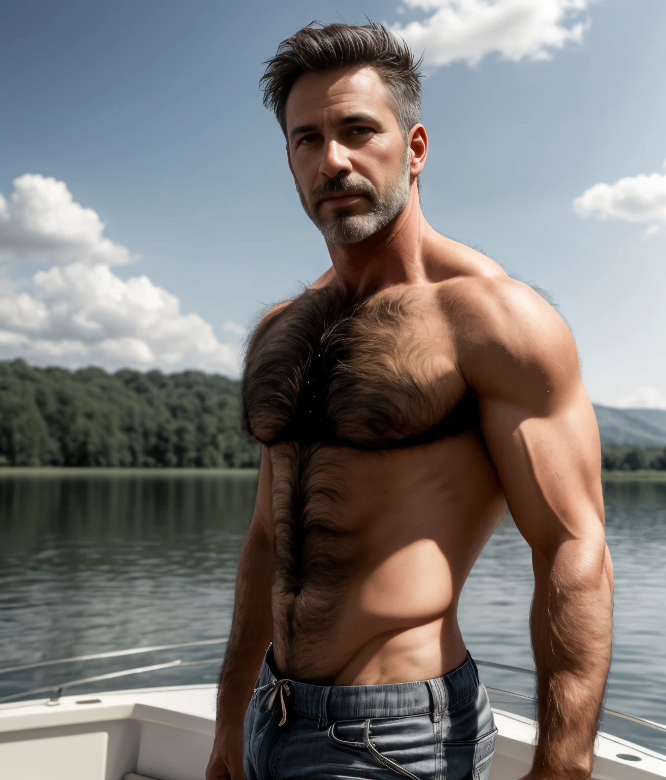 masterpiece, best quality, high resolution, closeup portrait, male focus, solo focus, A man, 50 years old, daddy, unbuttoned undone open clothes, visible bulge in oants, silver grey hair, messy hairstyle, cute and seductive face, bare chest, body hair, facial hair, roman nose, scruffy, hairy abs, skinny body, hairy legs, dimples, beard, bold jawline , attractive mature and fit man on a boat in lake, in the background a lake, view from below, amazing composition, front view, HDR, ultra quality, elegant, highly detailed