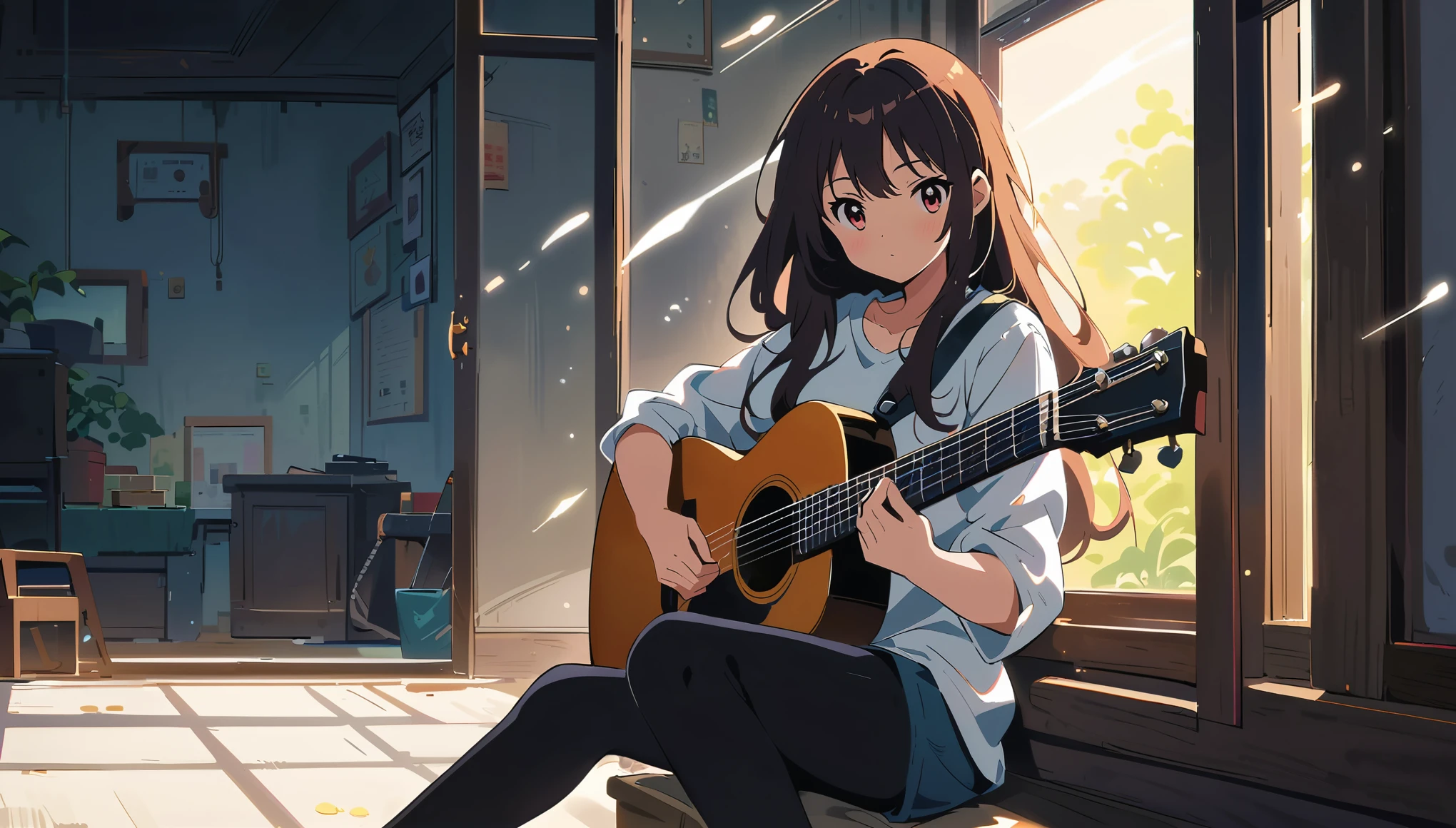 An anime character sits playing guitar in a room with a cozy interior. Light streams through the window as the cute woman with long hair and a white shirt, along with black tights, sits on the windowsill playing guitar. Her style is reminiscent of anime art, with a cozy background. 