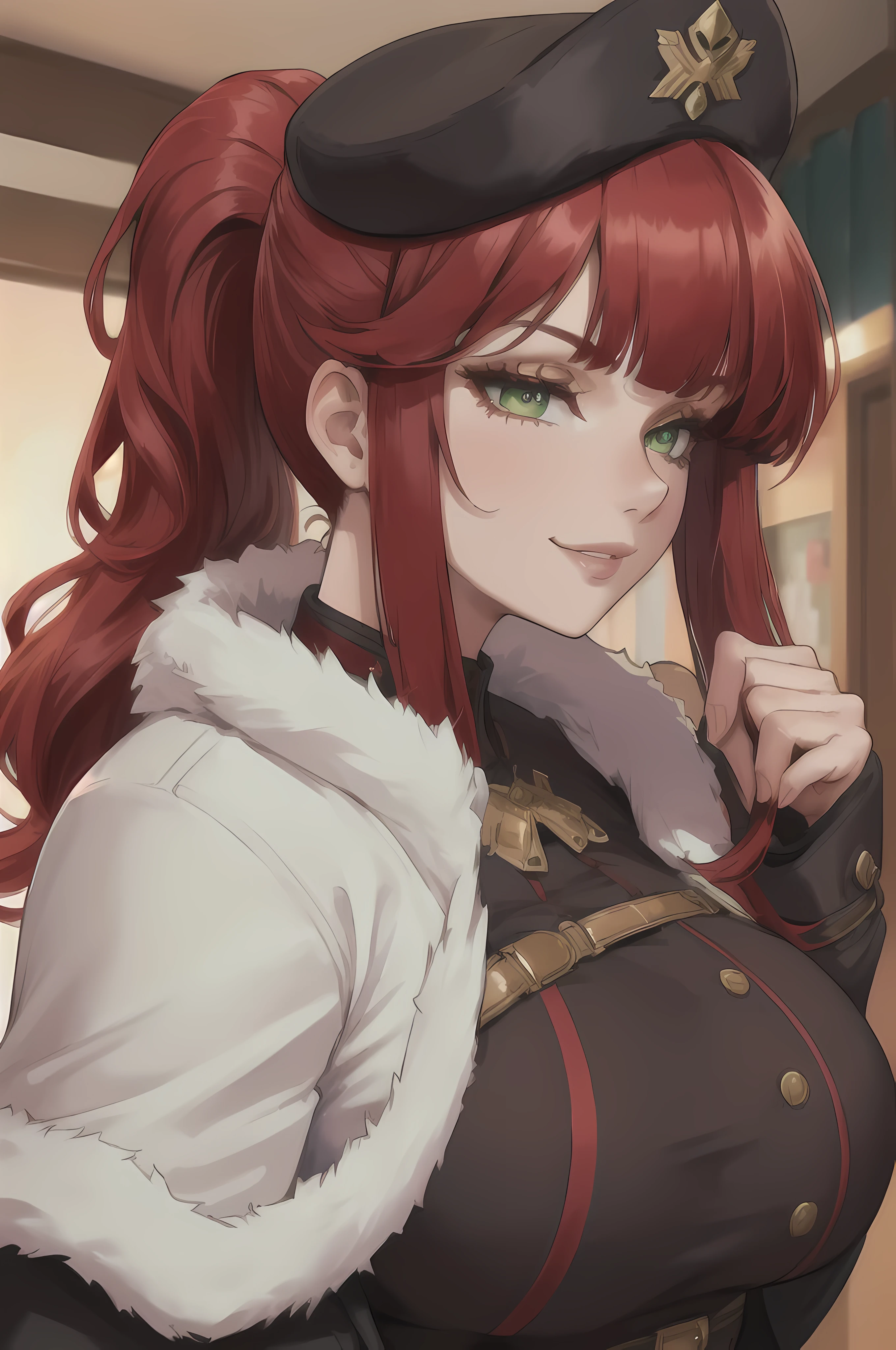 detailed((masterpiece)), ((best quality)), 1girl, adult, long hair, big bust, ((red hair)), ((intimidant look)), ((close-up)), profile image, black and red clothes, sexy, ((coat with fur)), ((wavy hair)), exposed skin, ((sexy pose)), good anatomy, ((general clothes)), ((straight cut bangs)), emotionless, intimidant, ((beautiful eyes)), close up, ((detailed eyes)), ((detailed face)), hair bang, frontal look, relaxed, smile, ponytail, green eyes, general hat