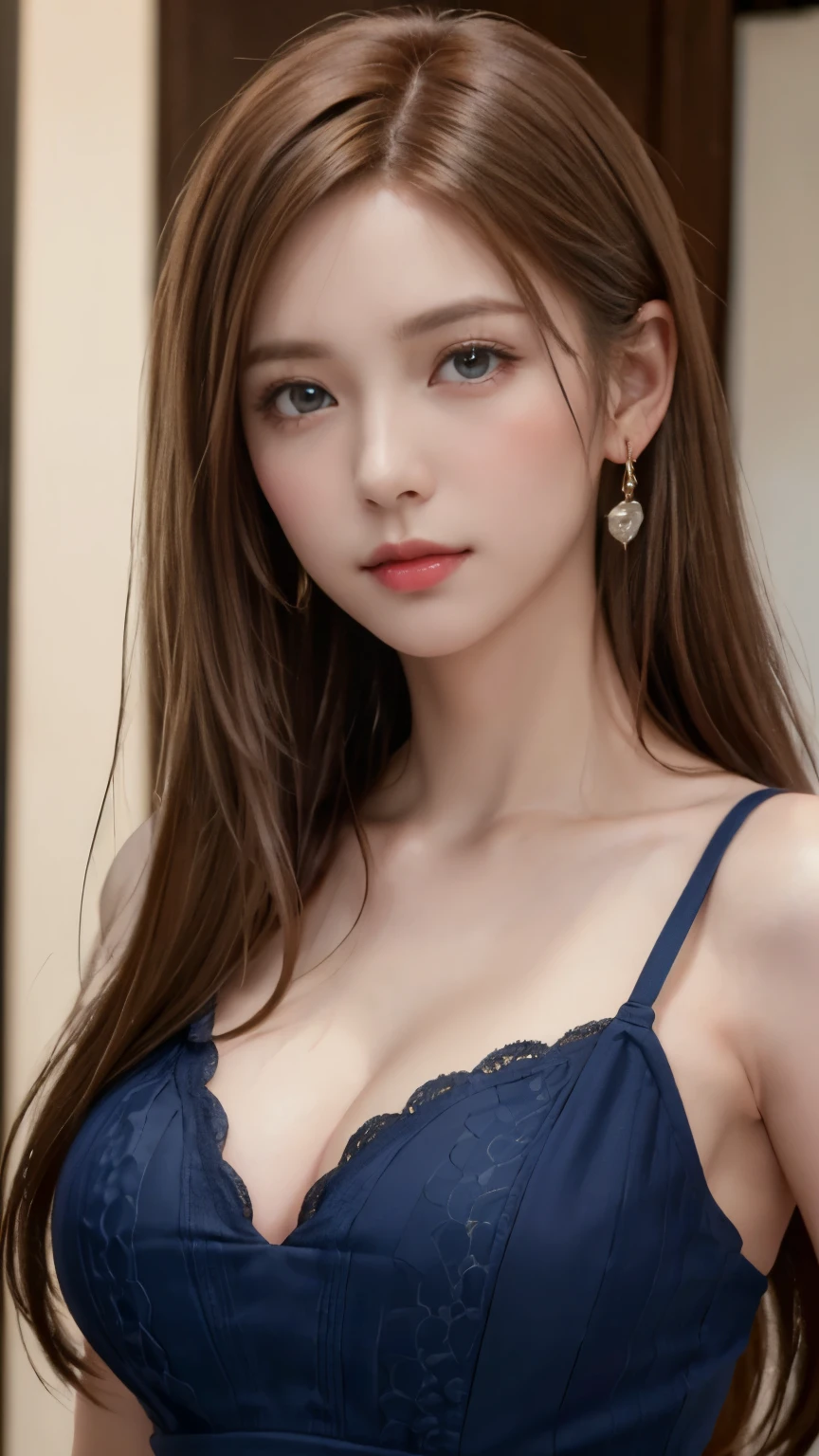 (masterpiece:1.4), (8K, realistic, Raw photo, highest quality: 1.4), Japanese, (1 girl), beautiful face, (realistic face:1.4), (caramel hair, long hair:1.3), beautiful hairstyle, detailed and beautiful eyes, Charm, ultra high resolution, surreal, very detailed, Best ratio, (detailed face:1.4), looking at the viewer, red lipstick, (Best ratio fingers:1.5), (blue eyes:1.0), realistic ???????????, (closed mouth:1.5), slender body, (I can see the whole body:1.5), fine skin, Lace Trim Dresses, deep low neck, cleavage, dynamic pose, fascinating, full length frame, High detail RAW color art, earrings, diffused soft lighting, shallow depth of field, sharp focus, hyper realism, cinematic lighting，cowboy shot