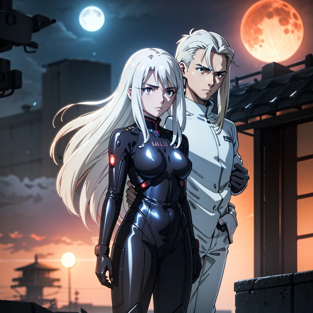 illyasviel_von_einzbern in the style of evangelion, shiny_skin, (clothe inspired by evangelion, aliens, gunbuster, gunnm, metal gear, death stranding), impossible_clothes, bodysuit, white & red bodysuit, suit, pilot suit, jumpsuit, plugsuit, armor, shiny_clothes, jacket, cybernetics suit, gloves, gainax anime style, studio gainax art, studio gainax illustration, inspired by Masamune Shirow, studio gainax, big breasts, two_side_up, full body, can't be this cute, girl on top, long_hair, white_hair, silver_hair, floating_hair, hair_between_eyes, asymmetrical hair, red_eyes, looking_at_viewer, outdoors, holding, holding_weapon, Spear of Longinus, cowboy_shot, background, glowing, moon, red, red moon, full_moon, moonlight, star_(sky), night, city, building, cityscape, science_fiction, ((mature female, mature, milf)),