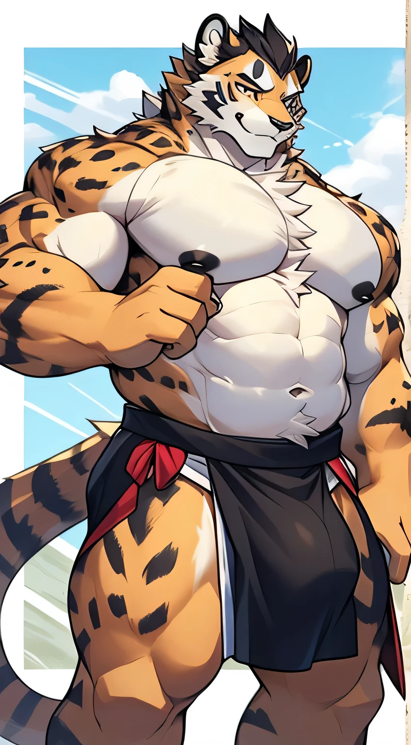 Tabaxi Knight,cheetah,youth,Handsome,Say hello by chance,Cai Xukun'High quality fan art,clear lines,Earrings in the ears, massive pecs, huge pecs, bulging pecs, sagging pecs, hard nipples, fat pecs, massive bulge, huge bulge, genital outline, straining bulge, fat bulge, love handles, loincloth