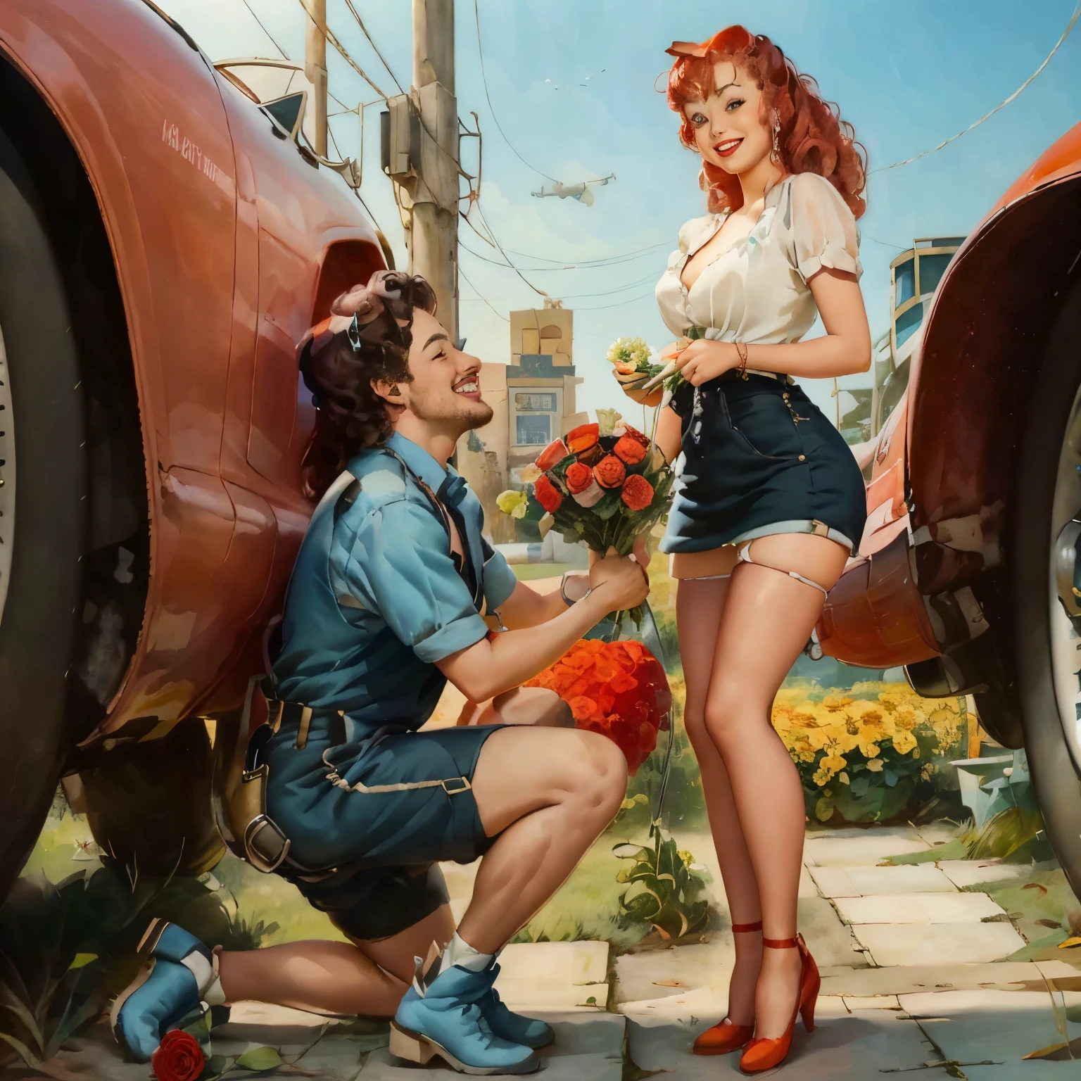 Pinup masterpiece, man standing on one knee, man giving bouquet of roses to curly red-haired girl, girl smiling, In the background yard of aeroplanes repair shop. Sunny, dynamic light