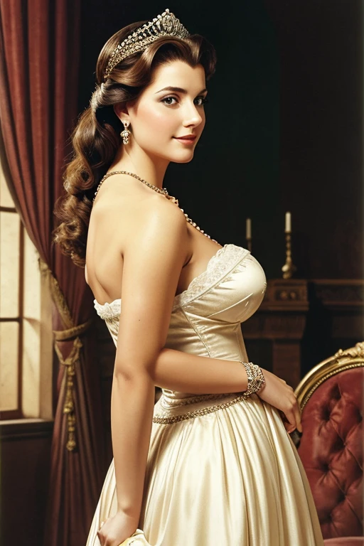 MILF, PRINCESS, ITALIAN, BBW, photo vintage, visage feminin parfait, cheveux tres LONG , tache de rousseur, 1888, big huge breasts : 38H, REAR VIEW, Rembrandt LIGHT , EXTREME V-NECK, BIG CLEAVAGE, BEAUTIFUL EYES, BEAUTIFUL HANDS, LIGHT SMILES, PERFECT FACE, tres long décolleté, CASTLE BACKGROUND, PRINCESS, NECKLACE, RING, JEWELERY RICH, SFW, FULL BODY, COLORFUL