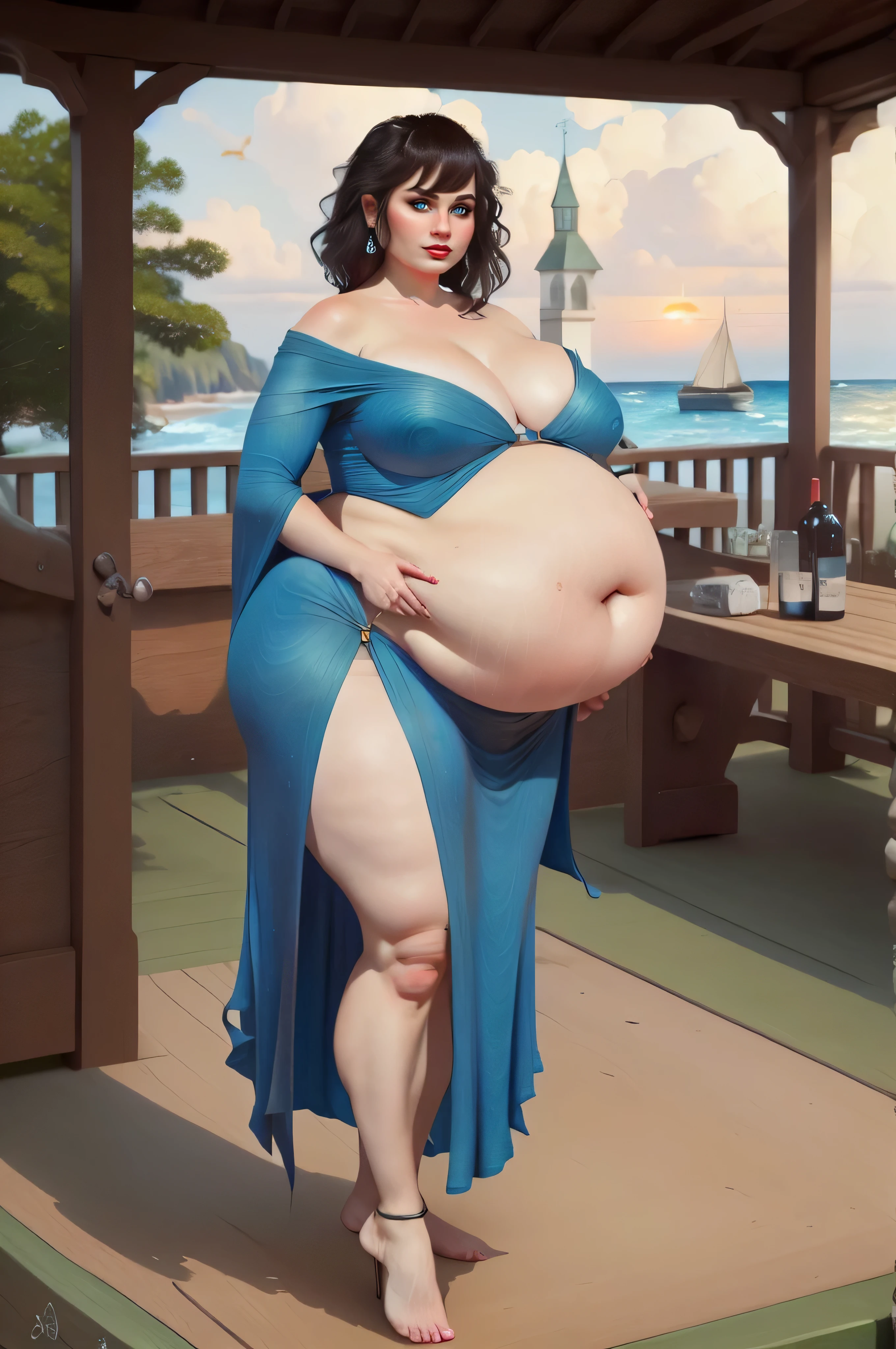 Romanticism painting of a Caucasian SSBBW supermodel goddess in a bikini sitting on a rock, thicc, she has a jiggly fat colossal belly, oppai proportions, wet sexy skin, long flowing hair, dynamic lighting, wallpaper, heavy detailed, thick SSBBW body, powerful and huge, realistic wet bikini, extremely plump, hyperrealistic full figure, beautiful chunky SSBBW feet, beautiful chunky SSBBW hands, beautiful Atlantic sunset, beautiful Atlantic ocean, perfect face, mesmerizing eyes,