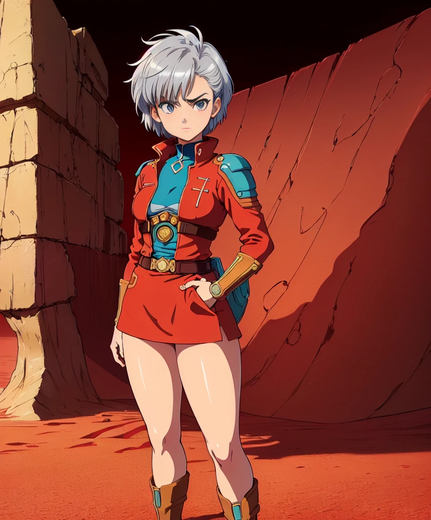 masterpiece, best quality, high quality, absurdres, illustration, film grain, chromatic aberration, dramatic lighting, (high resolution,masterpiece, ultra best quality, insanely amazing hyper fine extremely detailed, official:1.4)
(solo girl, female),(eye patch on left eyes ),((solo girl)),
((punk outfit )),((short silver hair ))++++, dynamique pose, full body, look at viewer, front pose
break
in the style of a 80's movie and japan animation,(( inspired by dune, nausicaä of the valley of the wind, trigun, akira),(masterpiece:1.5, best quality:1.5),(red sand desert), (red desert landscape), ruine in backgournd, amazing, beautiful detailed, extremely detailed wallpaper, extremely detailed CG unity 8k wallpaper, extremely delicate and beautiful, finely detailed, extremely detailed wallpaper, official art, detailed background, beautiful detailed shadow: 1.5, cinematic lighting, backlight),
