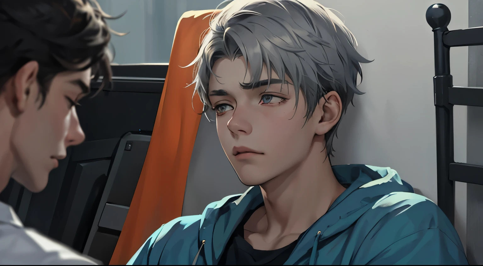 17 year old young man with gray hair and eyes, tired face, sleepy, he hasn&#39;t slept for days, he is talking thoughtfully