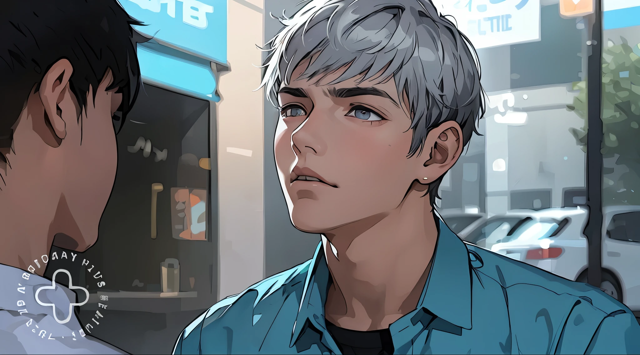 17 year old young man with gray hair and eyes, tired face, sleepy, he hasn't slept for days, he is talking thoughtfully