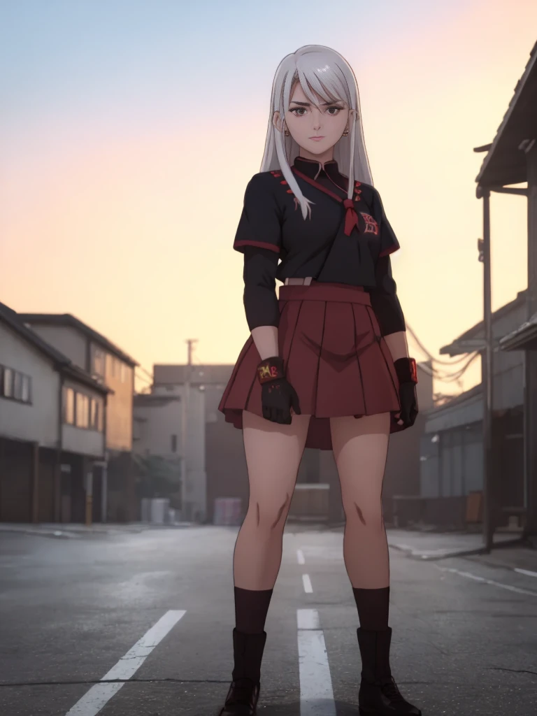 cartoon, sukeban illyasviel_von_einzbern, mature_female, silver hair, holding yoyo, combat pose, full body, flowing hair, hair between the eyes, asymmetrical hair, red eyes, delicate facial features, sukeban deka clothe, looking_at_viewer, outdoors, background tokyo, ((solo girl:1,5))+++++,woman in a 80's sukeban seifuku standing on a set of strees, black , 80's japanese sukeban photo, sukeban seifuku, 80's japan, sukeban, long black skirt, red converse, full body, light skin tone female, full body, tape, arm_support, gloves, red_gloves, bridal gauntlets, blackred_footwear, fighter outfit, full body, hourglass, mature face, cheeky smile, cheeky face, wrinkles,( silver long hair, earrings, ear piercings), (fighting art, Martial arts, standing, fighting_stance, fight, fighting), extra colors, 2D, megapixel, perfectionism, accent lighting, full HD , 4K, masterpiece, empty red eyes, extra colors, 2D, megapixel, perfectionism, accent lighting, full HD , (Masterpiece:1.2), (full-body-shot:1),(cowboy shot:1.2), (Highly detailed:1.2),(anime Detailed Face:1.2), Colorful, A detailed eye, (Detailed landscape:1.2), (natural lighting:1.2), ((sukeban school teacher)) by Vincent Di Fate: Aidyllery, Anamorphic Shot, rule of thirds, face by Artgerm and WLOP, ((street of rage 4 city backround)), fictive city backround in the style art of street of rage 4,