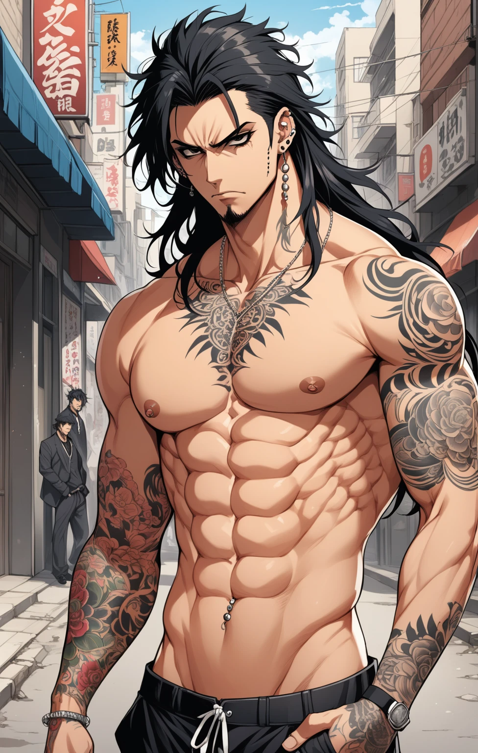 (masterpiece, best quality:1.2), (1man), solo, (black hair), (long hair), ((messy hair)), ((black eyes)), (handsome male), (perfect face), (very detailed), arrogant, broad shoulders, ((lean)), tall, gangster, ((tattoos)), ((piercings)), angry, pixiv illustration, anime style, slit-eyes, on the street, muscular chest