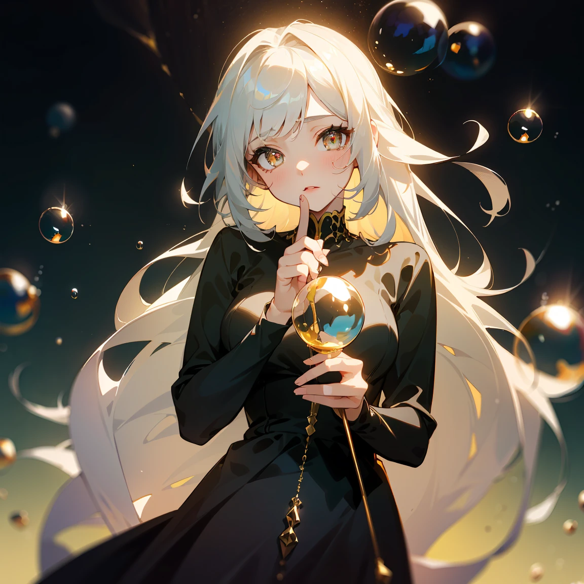 1 adult, masterpiece, Best quality, adult woman, beautiful, looks at the viewer, ((her touching a bubble)), In the universe, in a black dress, gold details, (( very confident)), sexy, (( neutral expression), silver-white hair, silver eyes, long straight hair, many bubbles around, self-confident, powerful, epic, ((falling bubbles)), goddess