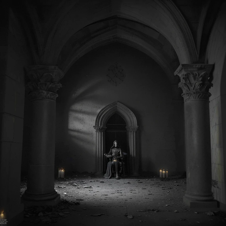 (best quality,4k,8k,highres,masterpiece:1.2),ultra-detailed,(realistic,photorealistic,photo-realistic:1.37),lonely knight in a desolate castle,medieval armor,golden sunset,weathered stone walls,tall tower,shattered stained glass windows,heavy iron gate,moonlit courtyard,sword in hand,stoic expression,haunting atmosphere,dramatic shadows,distant mountains,mist in the air,dusty corridors,lonely footsteps echo,enchanted forest in the background,abandoned armor and weapons,gloomy and mysterious ambiance,isolated from the world,forlorn and nostalgic,remnants of past battles,ancient tapestries depicting heroic scenes,flickering candlelight,eerie silence,hint of danger in the air,soft breeze rustling through the leaves,sparkling stars in the sky,melancholic energy,legendary tales of valor and tragedy,deserted throne room,solitary figure in an empty hall,yearning for companionship,searching for purpose in a forgotten land,desperation mixed with determination,dark and brooding palette,long shadows stretching across the landscape.