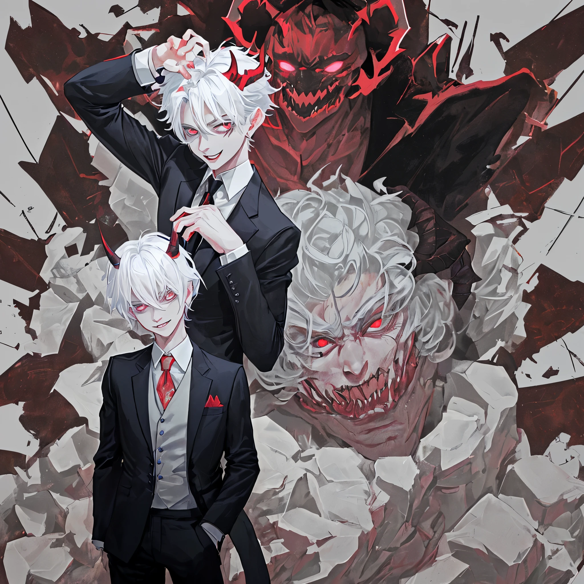 Short demon in a suit, his horns are a little bigger than him, em seu rosto existe um sorriso mostrando suas presas, Furthermore, your eyes are red and your hair is white
