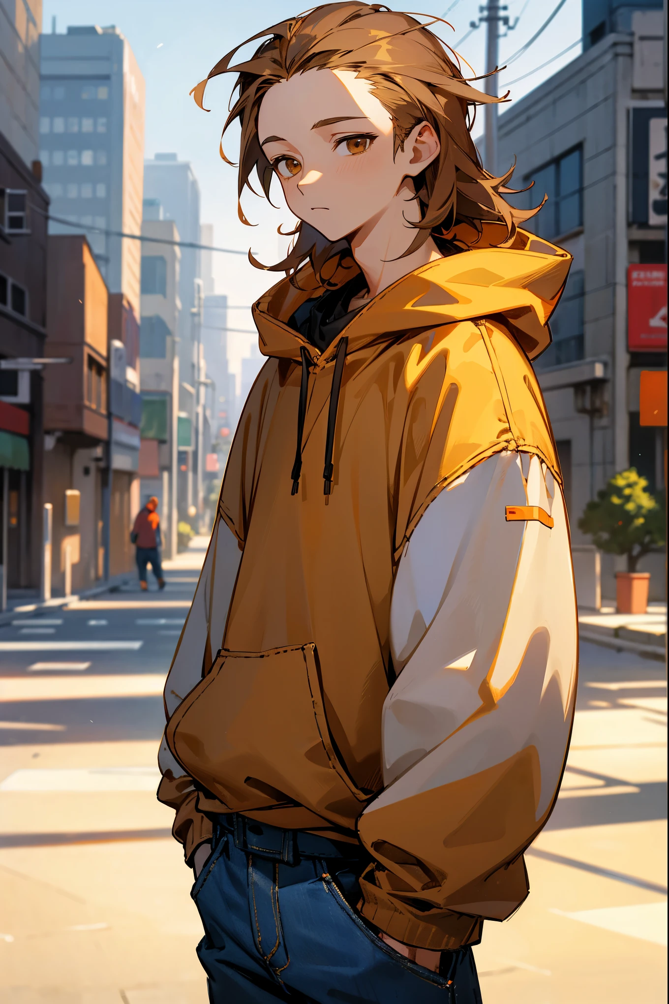 1male, highlighted hair, brown hair, blonde highlights, brown eyes, messy middle parted hair, curtain, forehead, baggy white and red sweatshirt, denim modern pants, city background, detailed background, detailed hair, standing on path, expressionless
