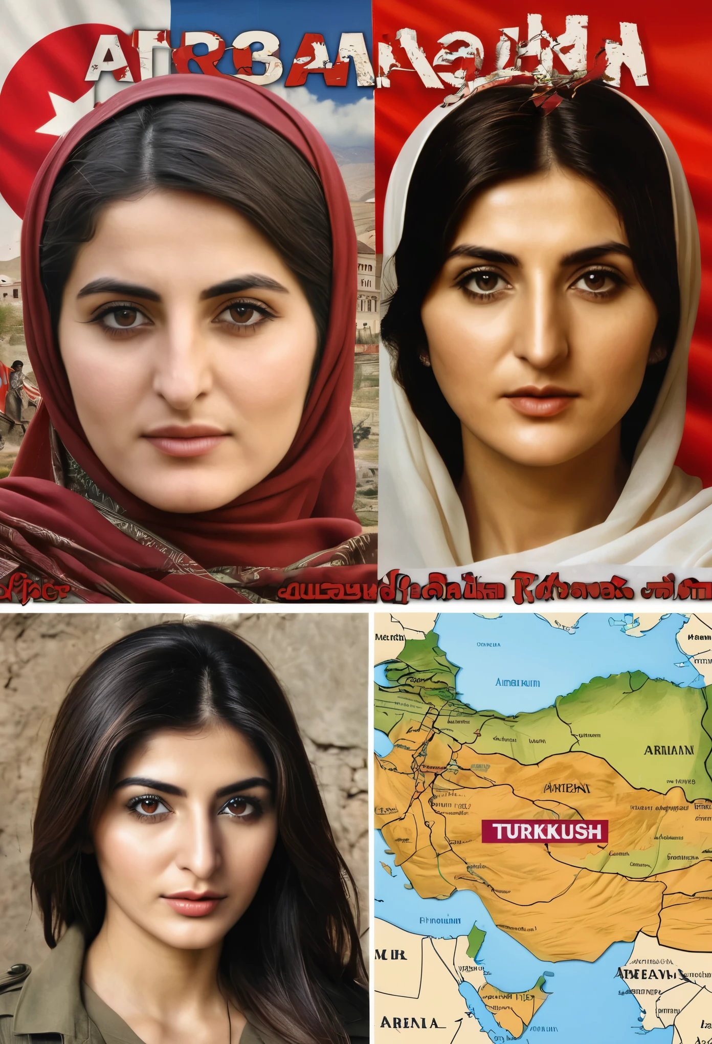 Turkish propaganda, realistic, before and after, propaganda poster showing Armenian women before and after Turkification, background shows map of Turkey absorbing territory of Armenia, masterpiece, perfect faces, perfect anatomy, perfect eyes, conquered Armenia, Turkish supremacy, cCc