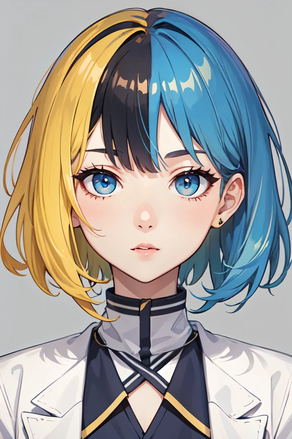 ((best quality)), ((masterpiece)), (detailed), perfect face, short hair, blue hair, ombre yellow hair, blue eyes, blue clothes, grey pants,