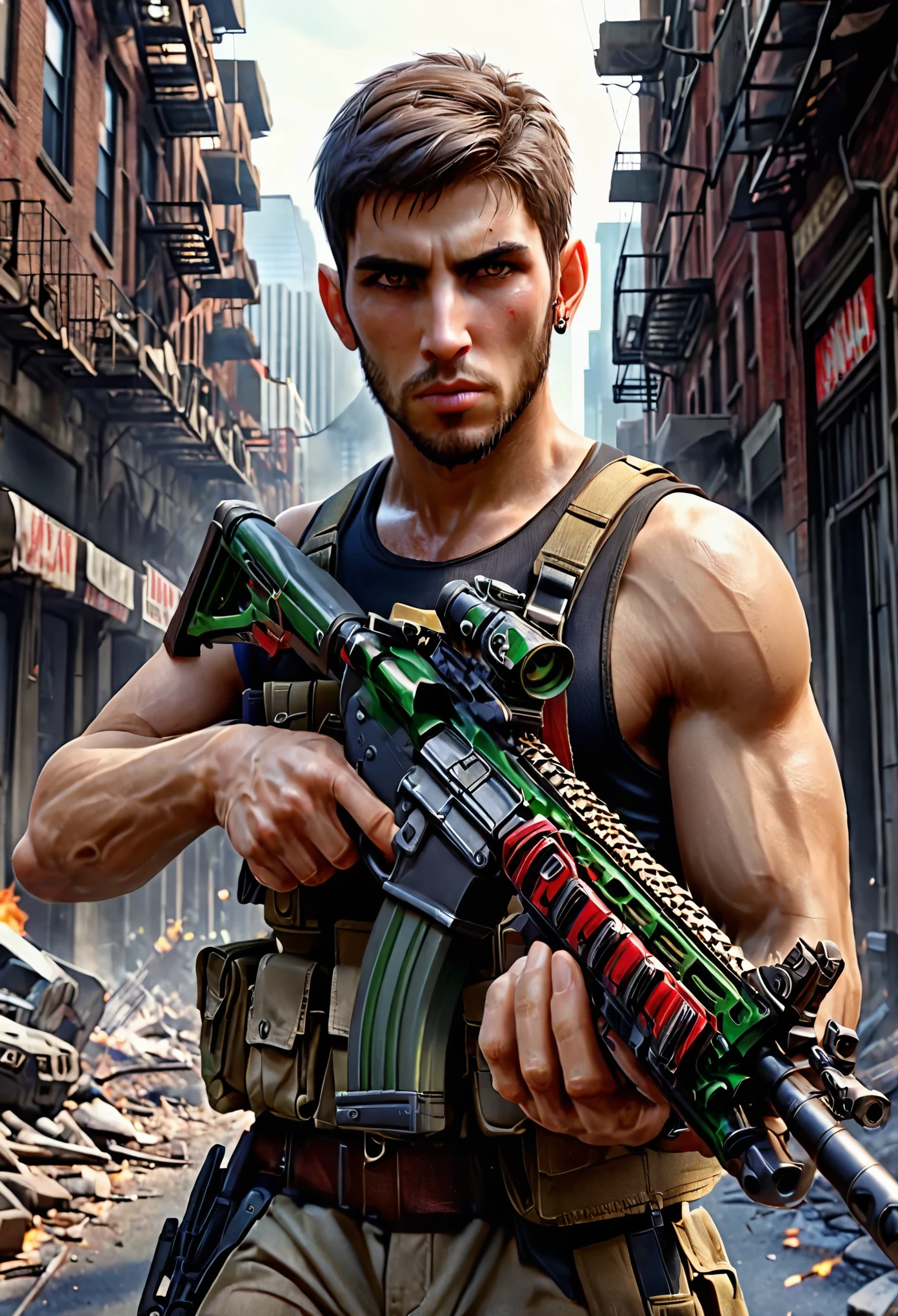 mercenary, muslim, secret agent, male focus, holding an assault rifle, brown hair, short hair, brown eyes, load-bearing vest, ammunition belt, danger atmosphere, new york street backdrop, war zone